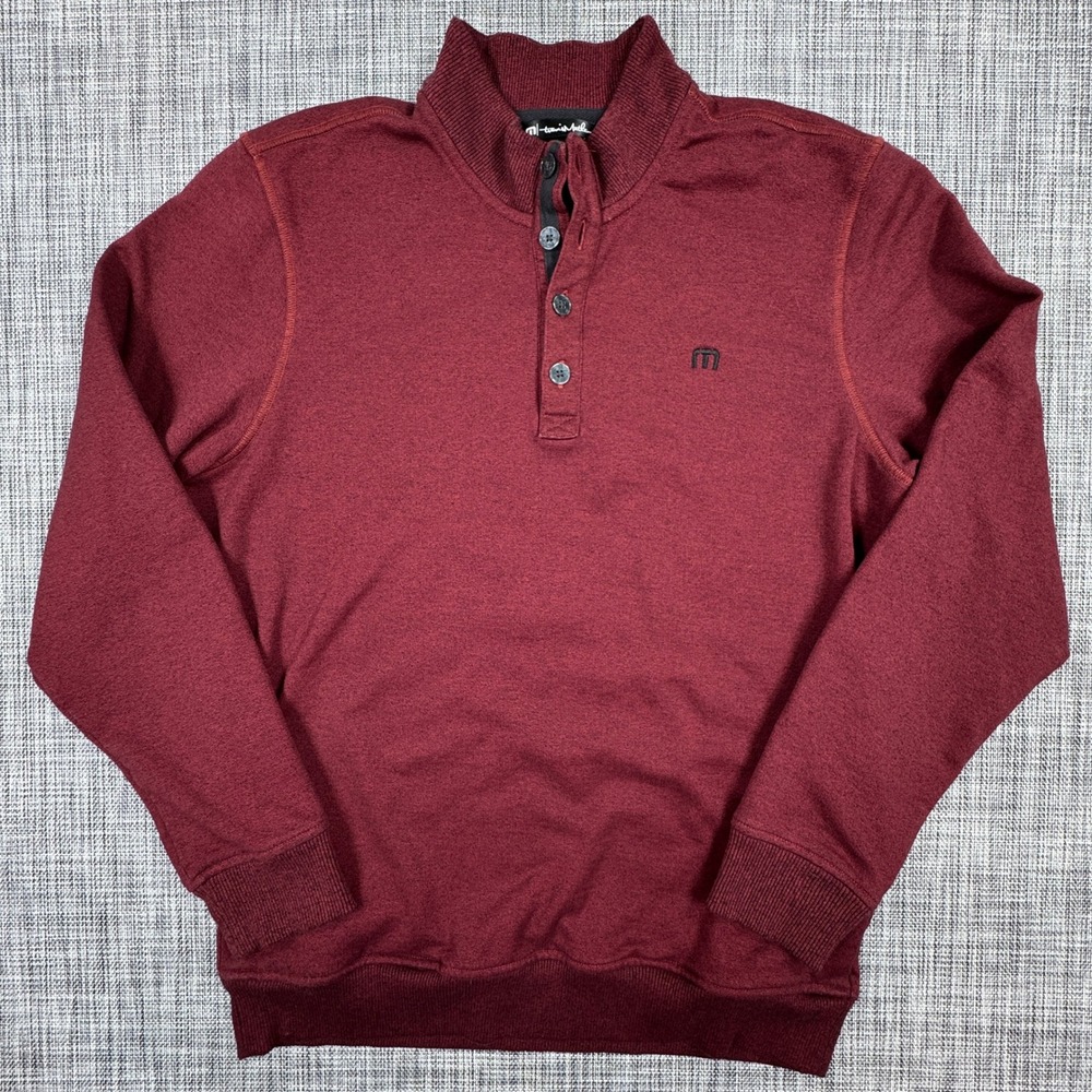 TravisMathew Mens Large Burgundy Four-Button Mock-Neck Sweatshirt Cotton Blend
